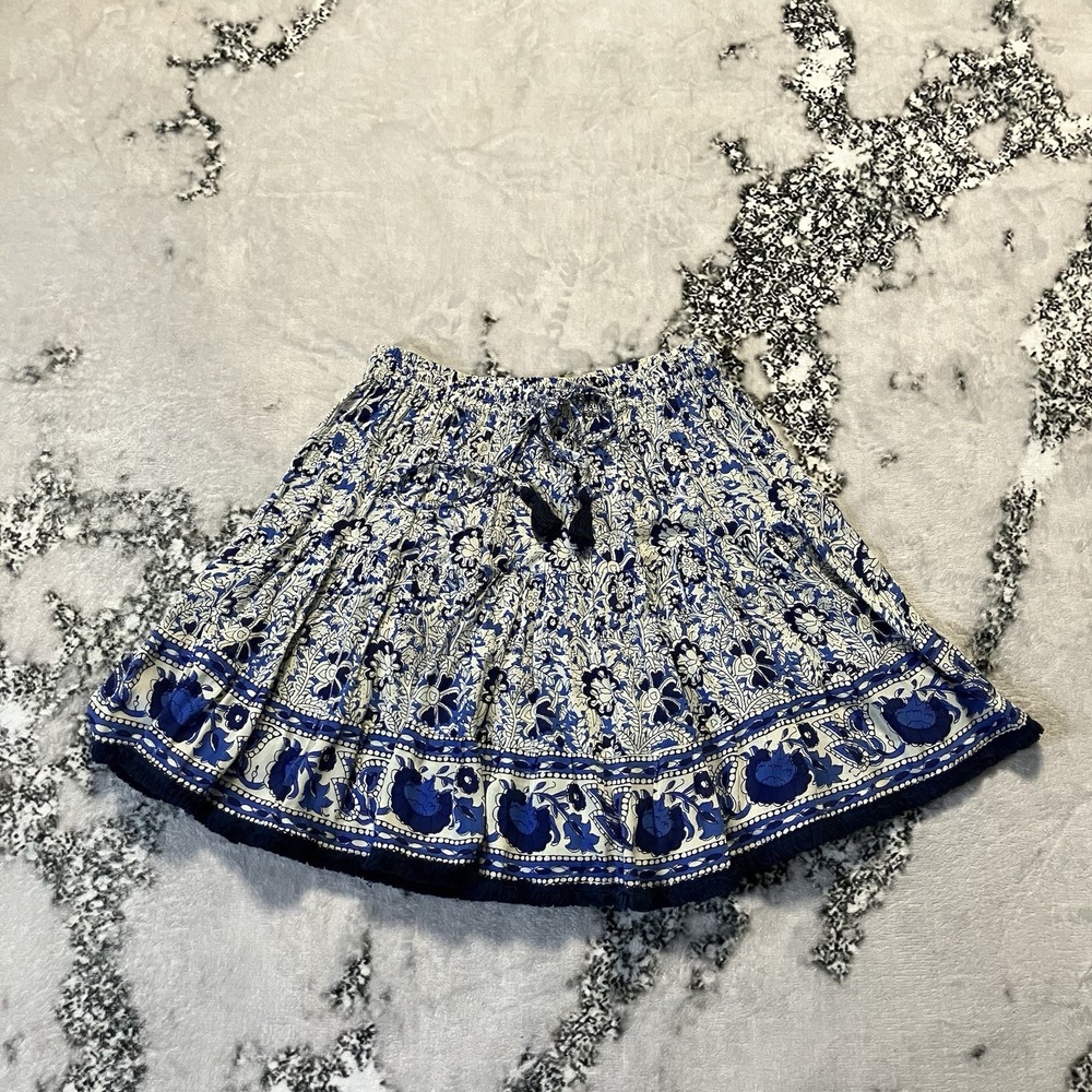 Beach Gold Skirt Womens Sz M/L Blue White Floral‎ Print Mini Drawstring Waist